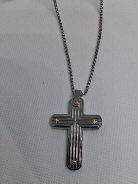 Two-Tone Stainless Steel Cross Necklace with Gold Accents